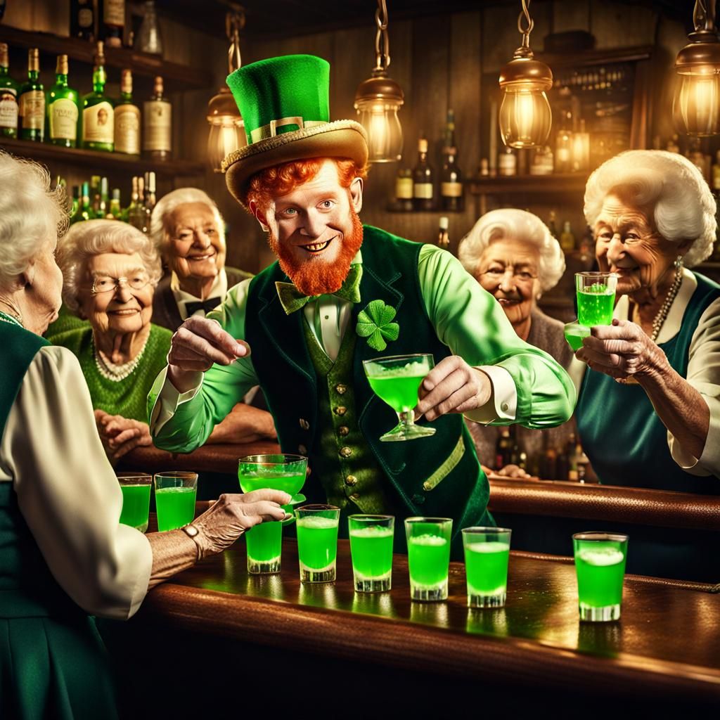 Leprechaun Serves Green Shots in Vintage Photo