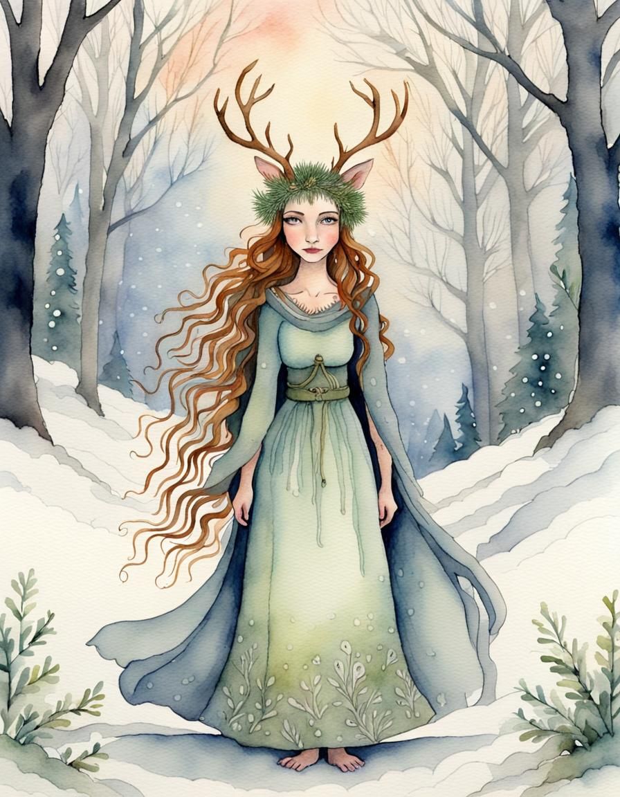 Winter Woodland Goddess in Watercolor Illustration