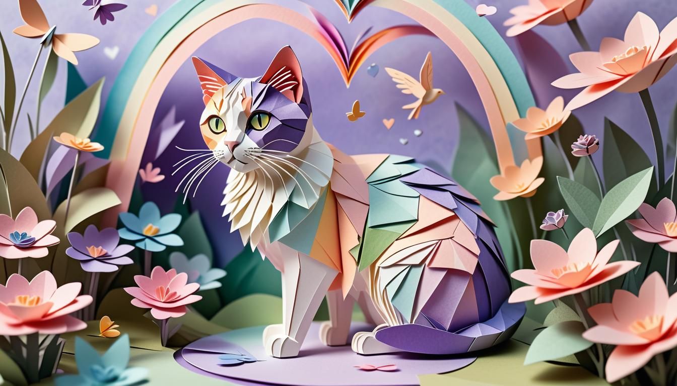 Calico Cat in Fairy Garden Origami Papercraft Art
