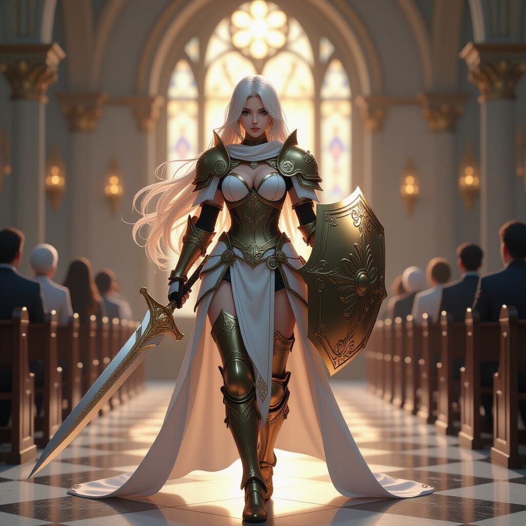 Female Knight in Holy Light Armor with Flail and Shield