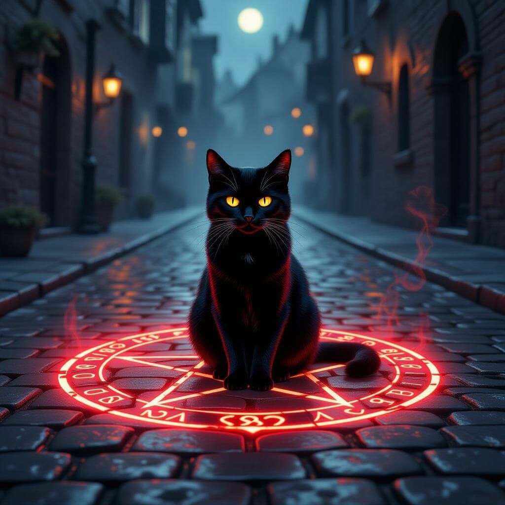 Mysterious Black Cat in Glowing Red Pentagram