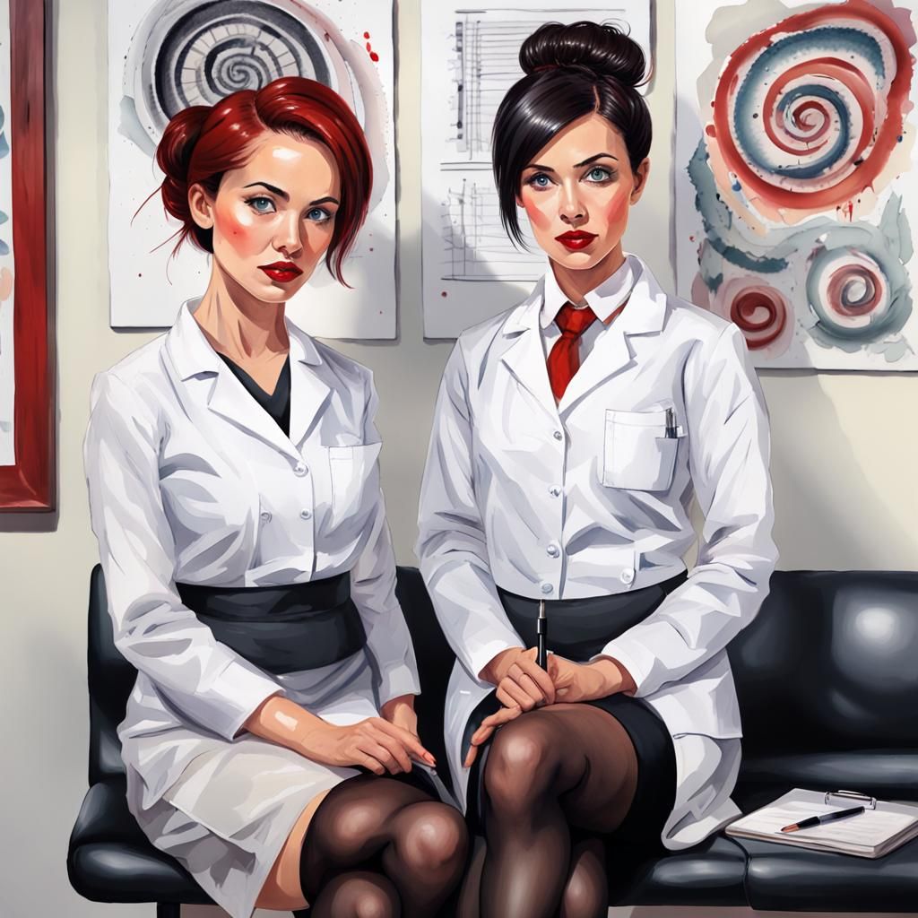 Office Women with Hypnotic Eyes in Gouache Style