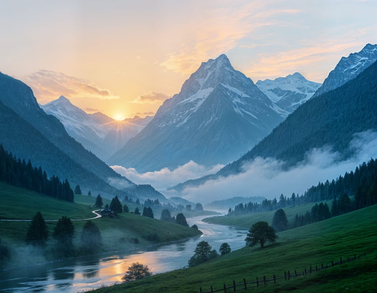 Misty Swiss Alps River at Dawn Oil Painting