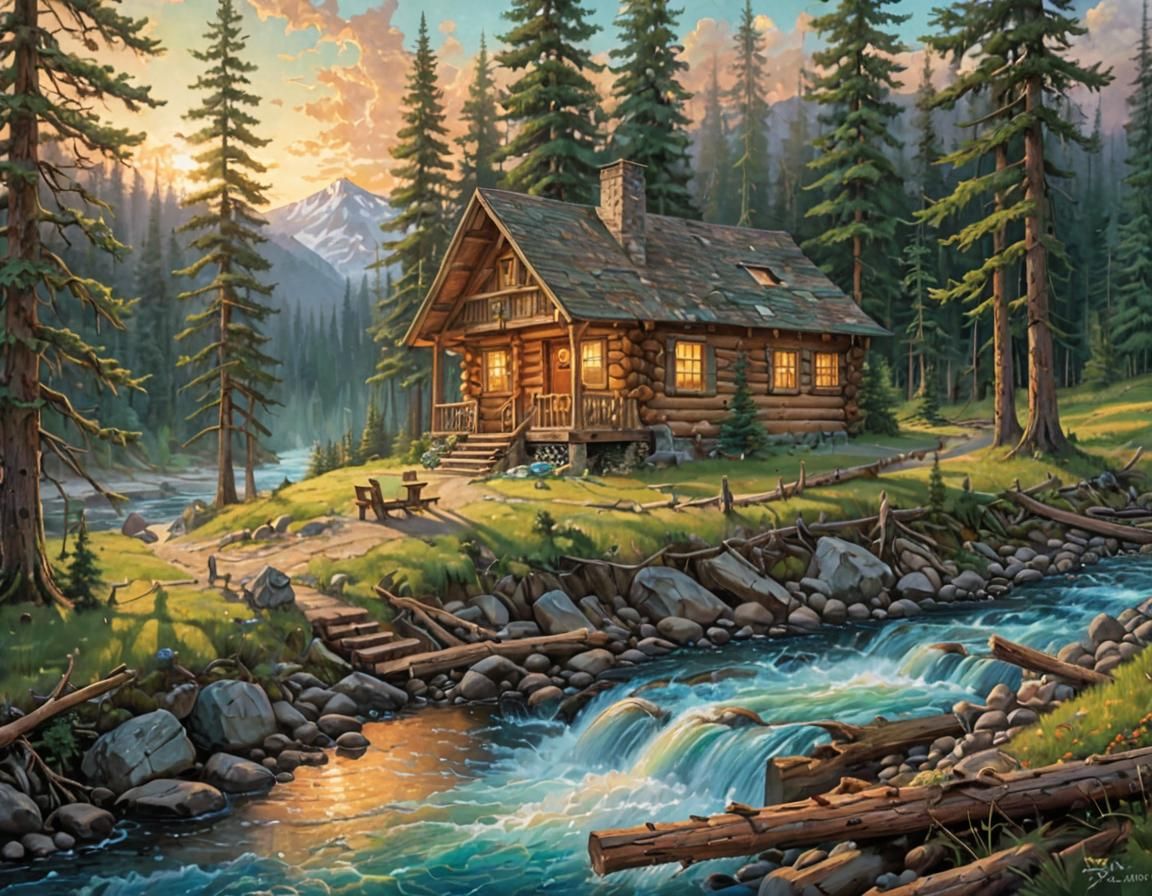 Rustic Logging Cabin in Whimsical Folk Art Style