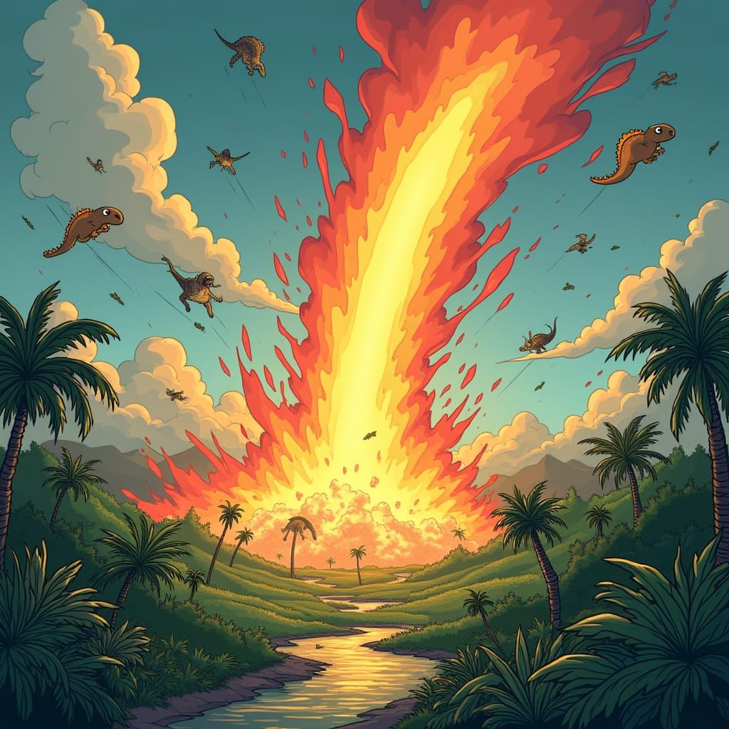 Cartoon Meteor Impact: Dinosaurs in Comical Flight