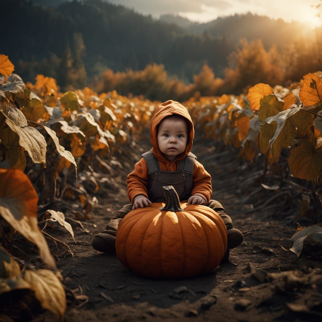 Autumn Baby in Pumpkin Costume Amidst Vines
