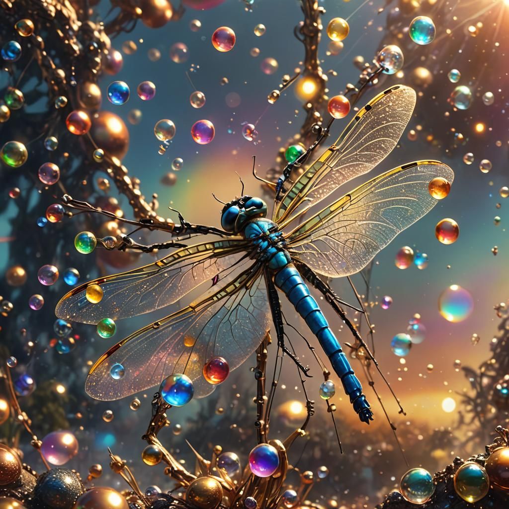 Marvelous Dragonfly Playing with Color Bubbles