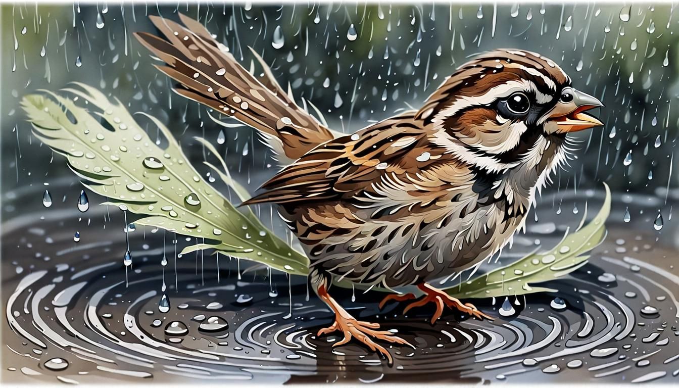 Wet Sparrow Emerges: Watercolor Art Brut Painting