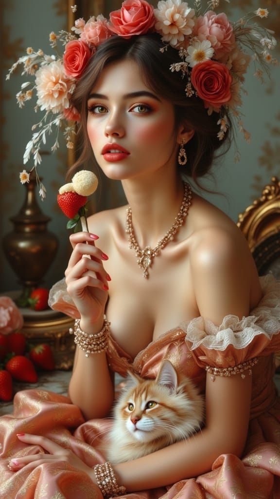 Glamorous Rococo Woman with Cat and Ice Cream