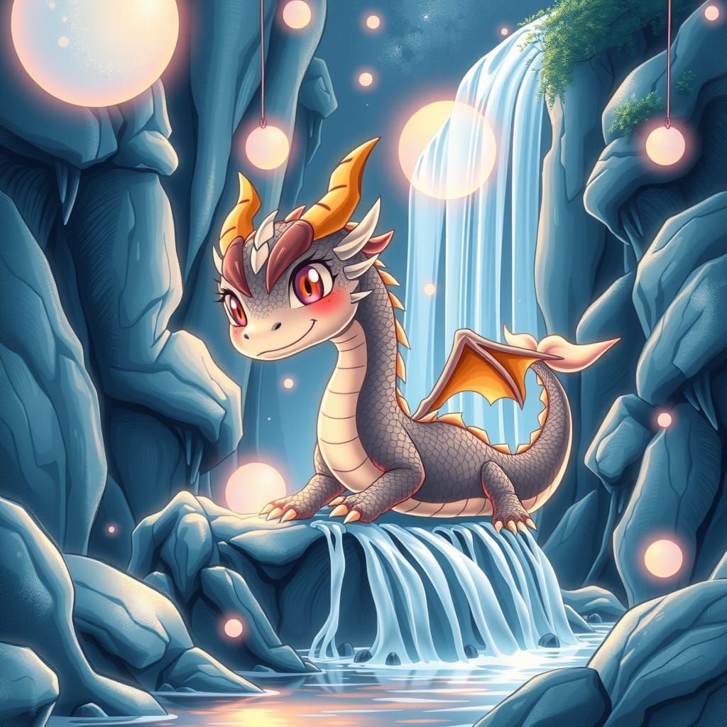Chibi Dragon in Serene Anime Waterfall Landscape
