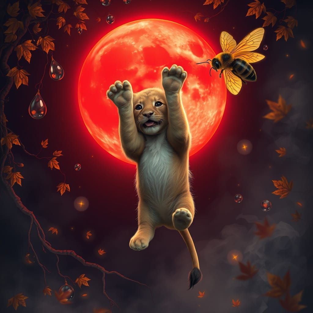 Lion Cub's Surreal Dream Under a Glowing Moon