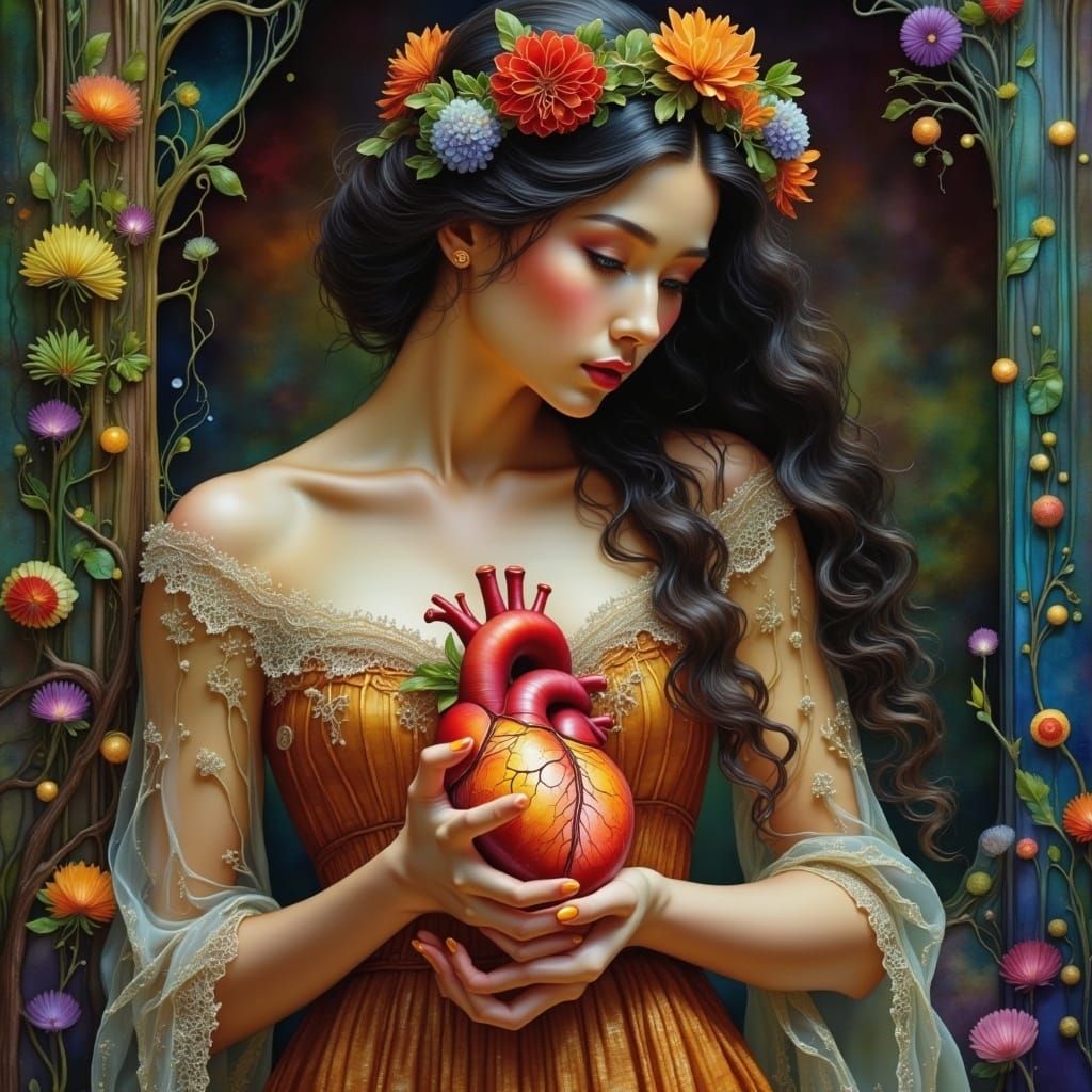 Woman with Anatomical Heart in Romantic Style