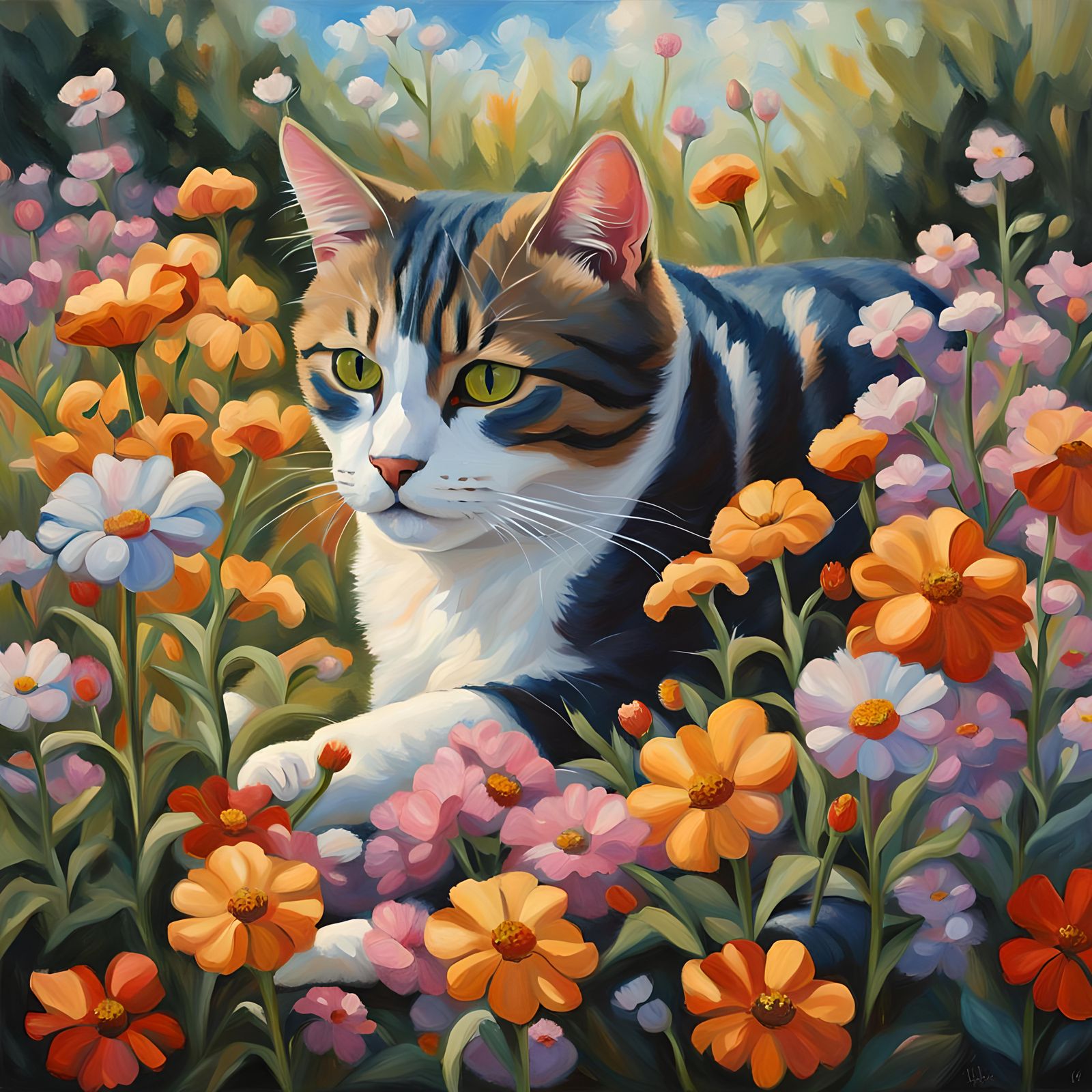 Cat in Flower Garden Oil Painting