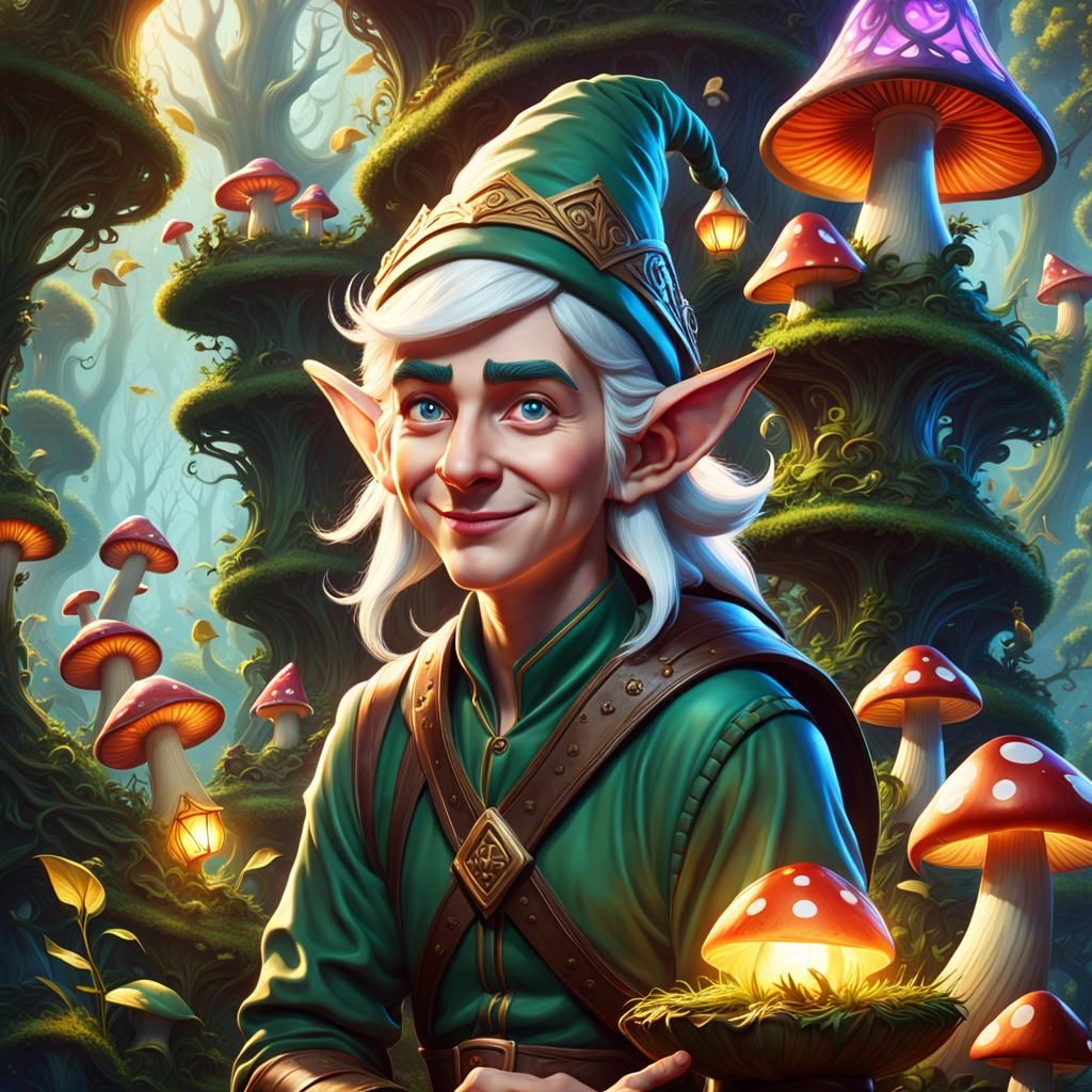 Pinchu the elf proudly posing for a portrait with his first magic mushroom