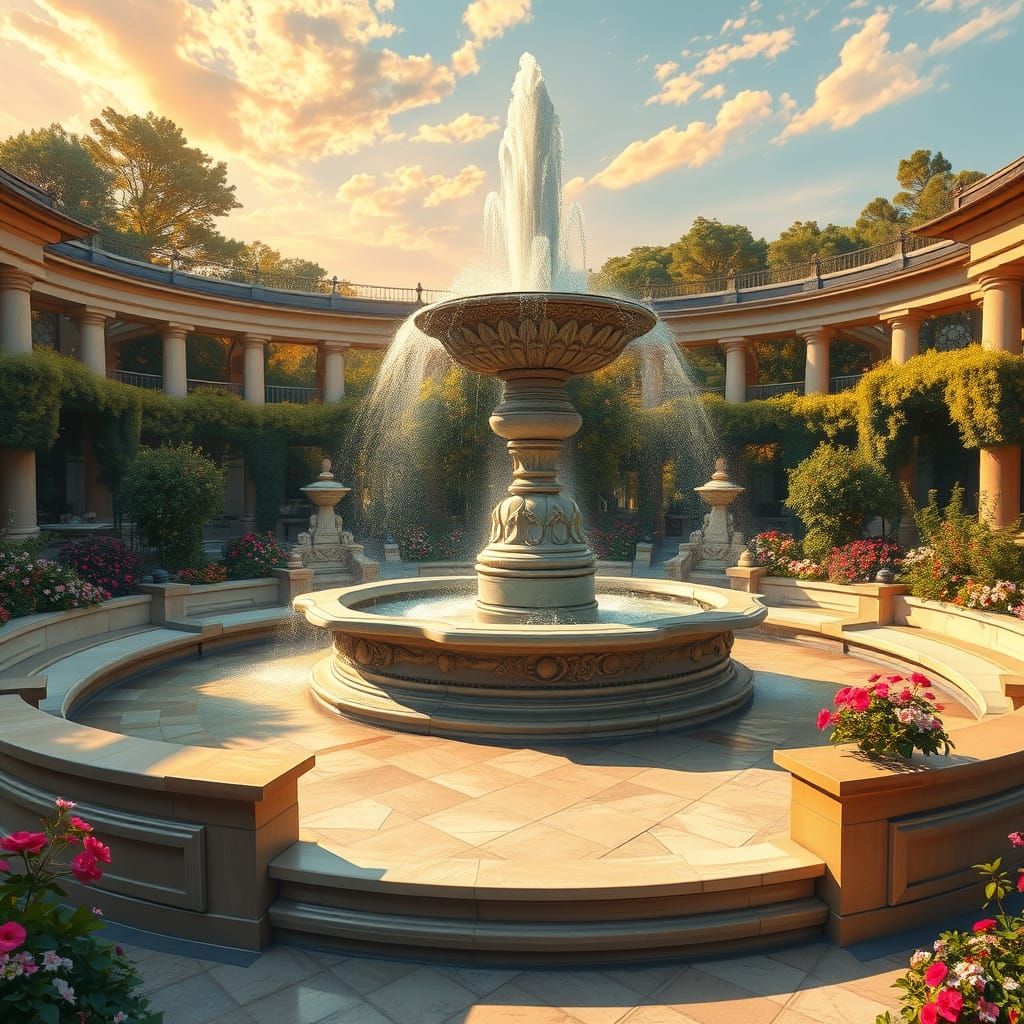 Majestic Fountain in Garden: Impressionistic Style