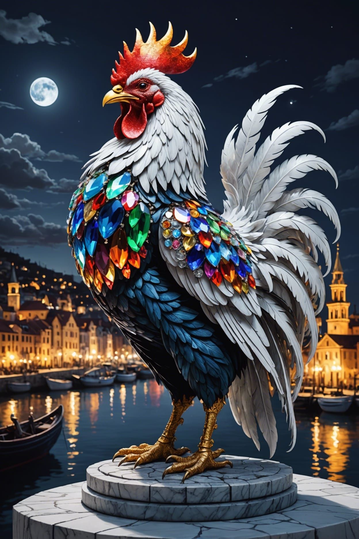 Crystalline Rooster Guardian Over Medieval Harbor