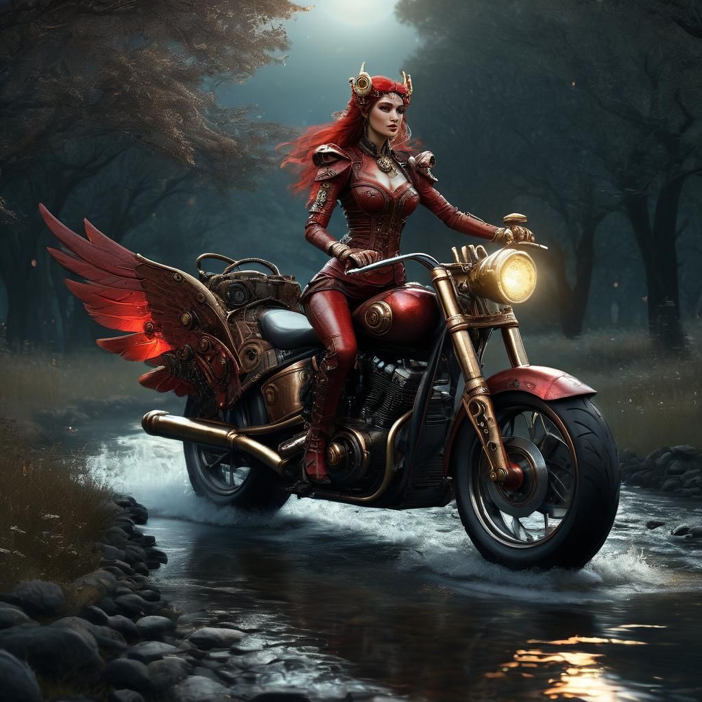 Goddess Rides Steampunk Motorcycle in Fractal Style