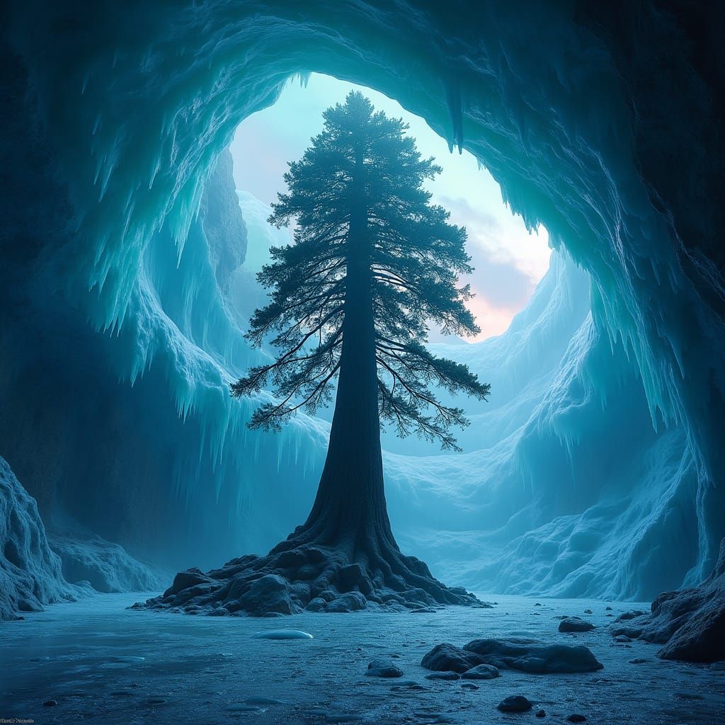 Ethereal Ice Cave and Redwood Tree Landscape