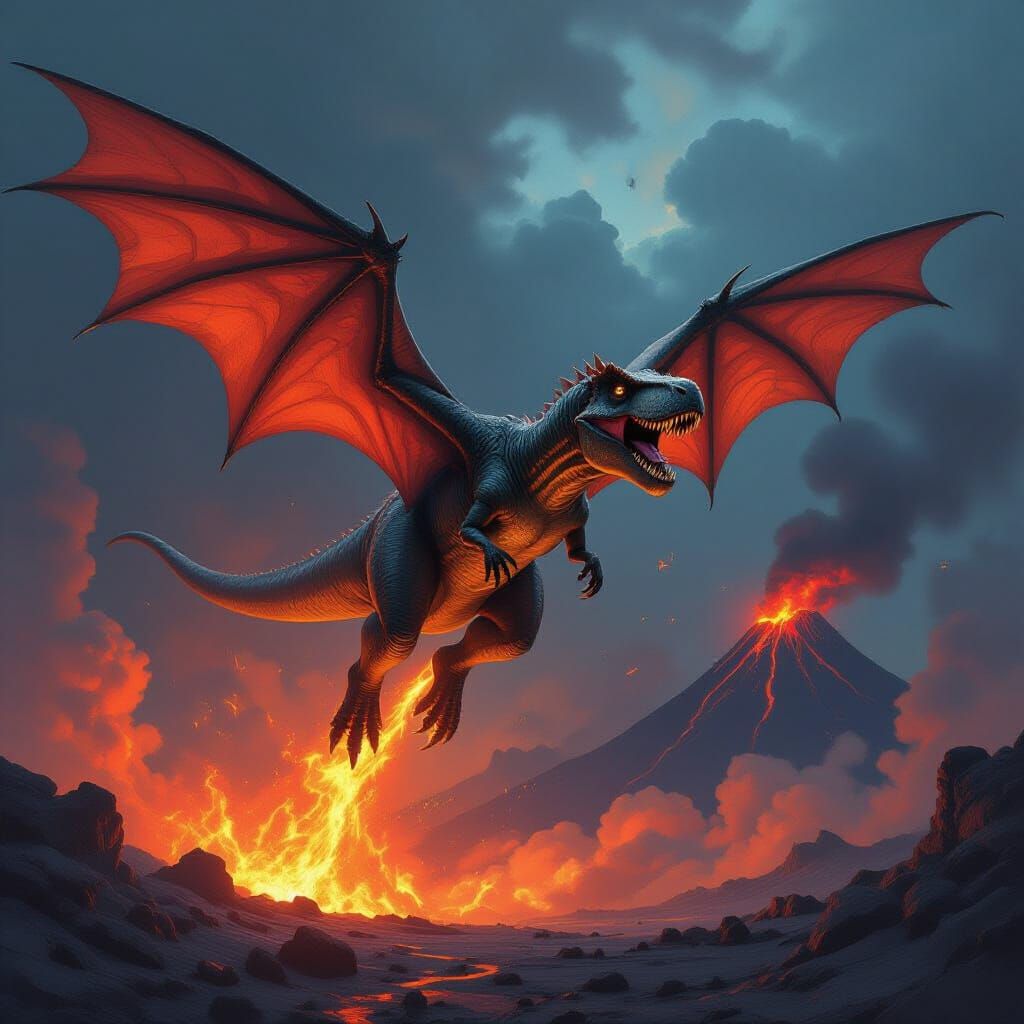Flying T-Rex Amidst Volcanic Eruption