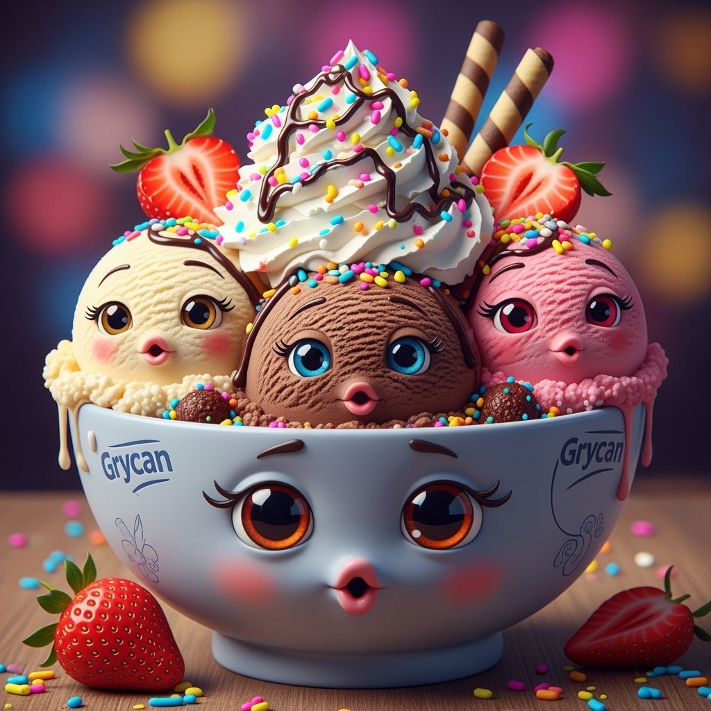Cute Anthropomorphic Ice Cream Bowl with Expressive Faces