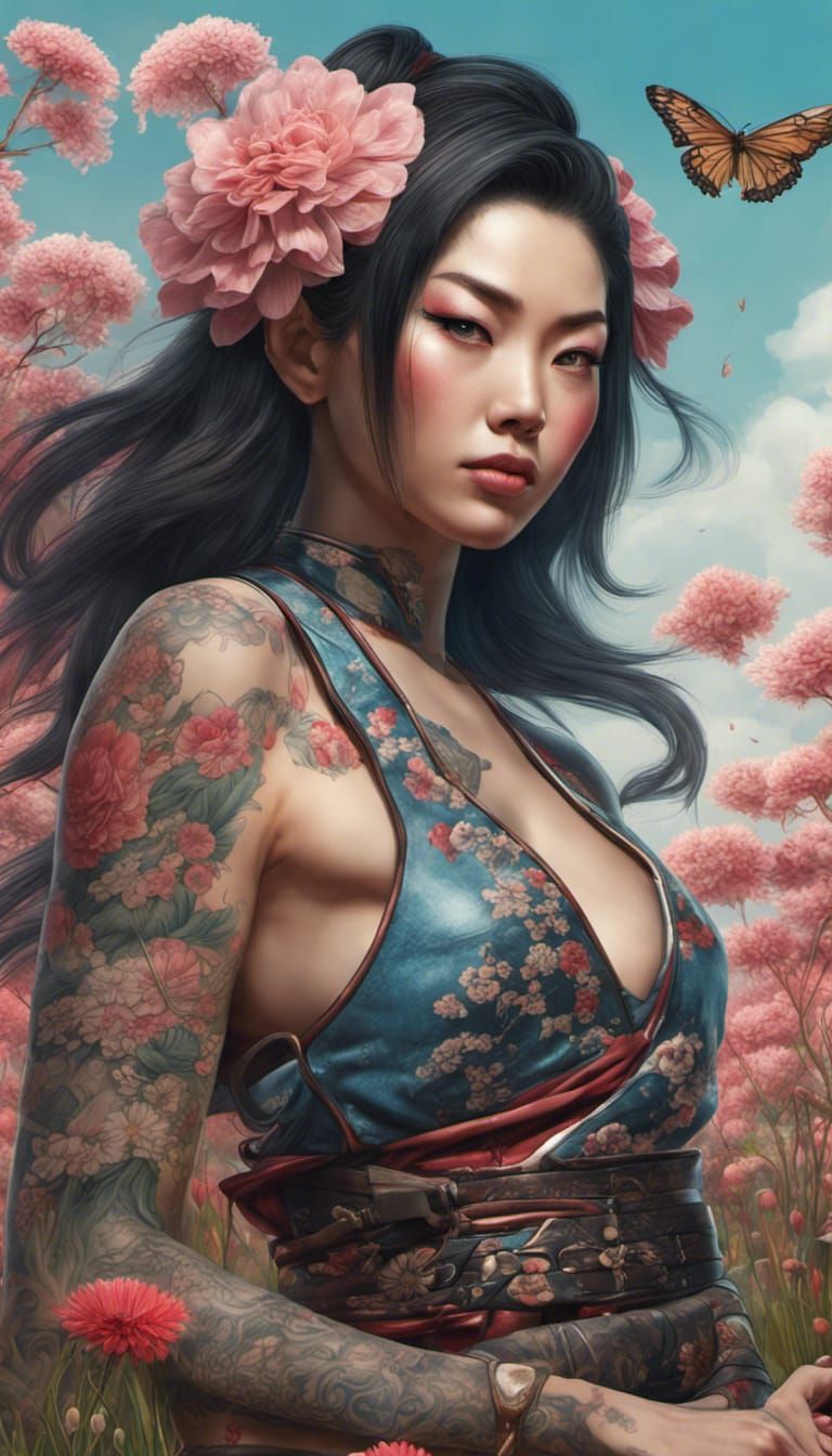 Samurai girl in a flower meadow