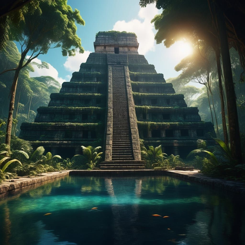 Muscular Men Swim Under Ancient Mayan Pyramid in Tropical Pa...