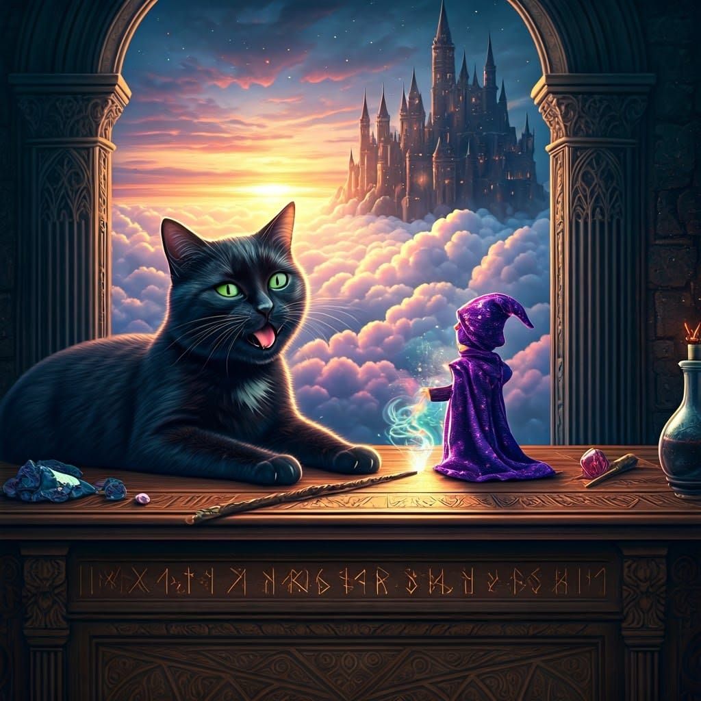 Mystical Cat Confronts Wizard in Ancient Castle