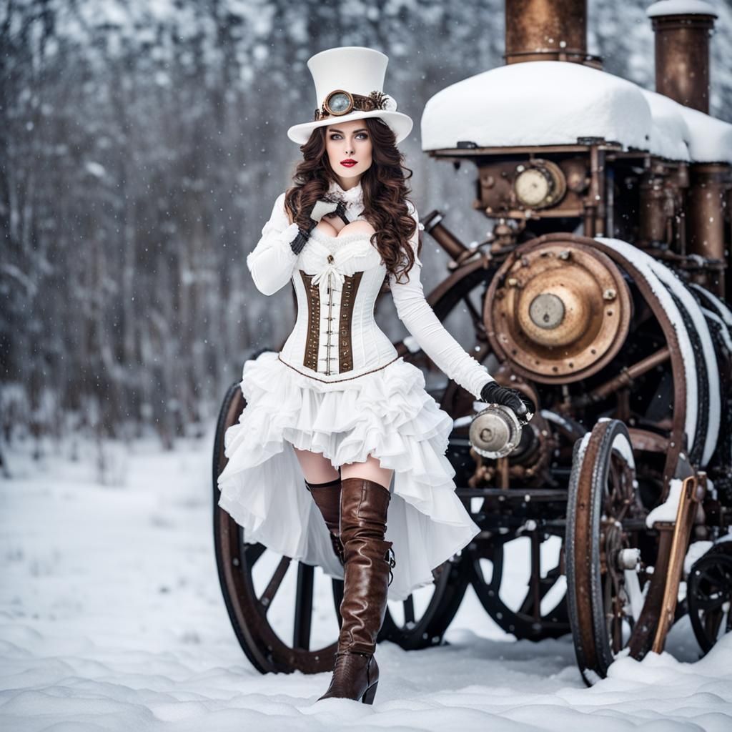 Steampunk Woman in White Corset in Snow