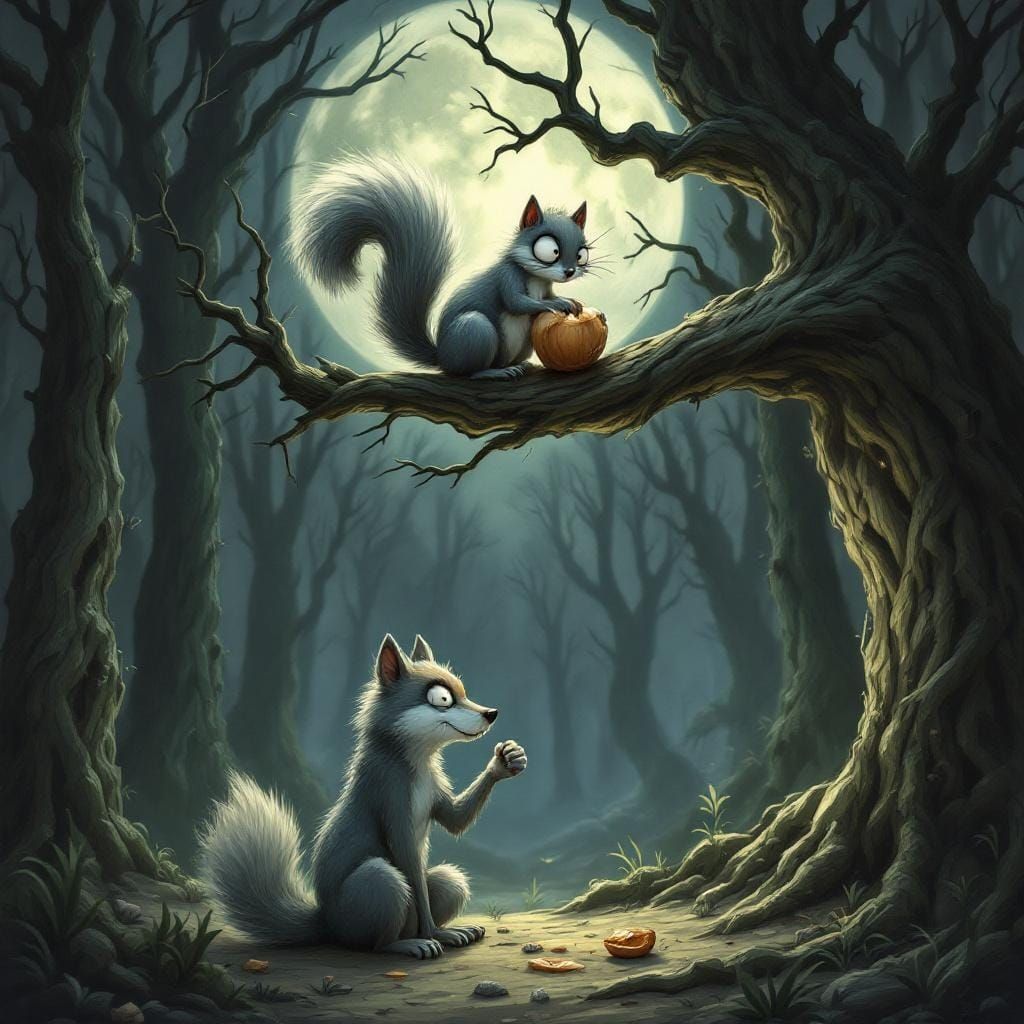 Squirrel and Wolf in a Burton-esque Forest