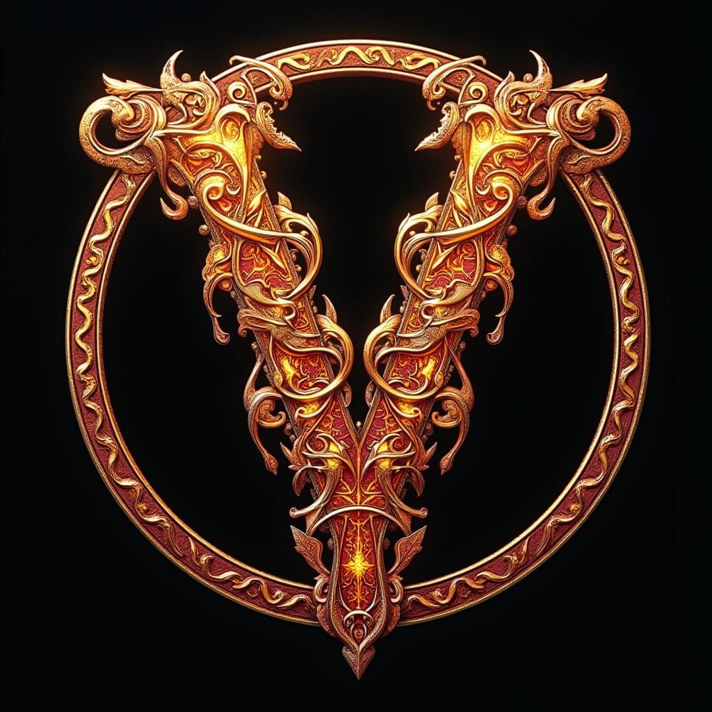 Ethereal Book of Kells-Inspired Capital V in Vibrant Digital...