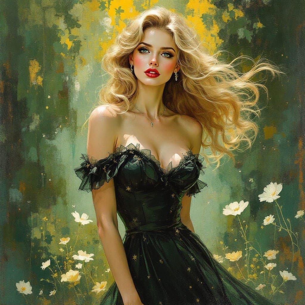 Sultry 1950s Pin-Up Goddess Amidst Lush Verdant Landscape