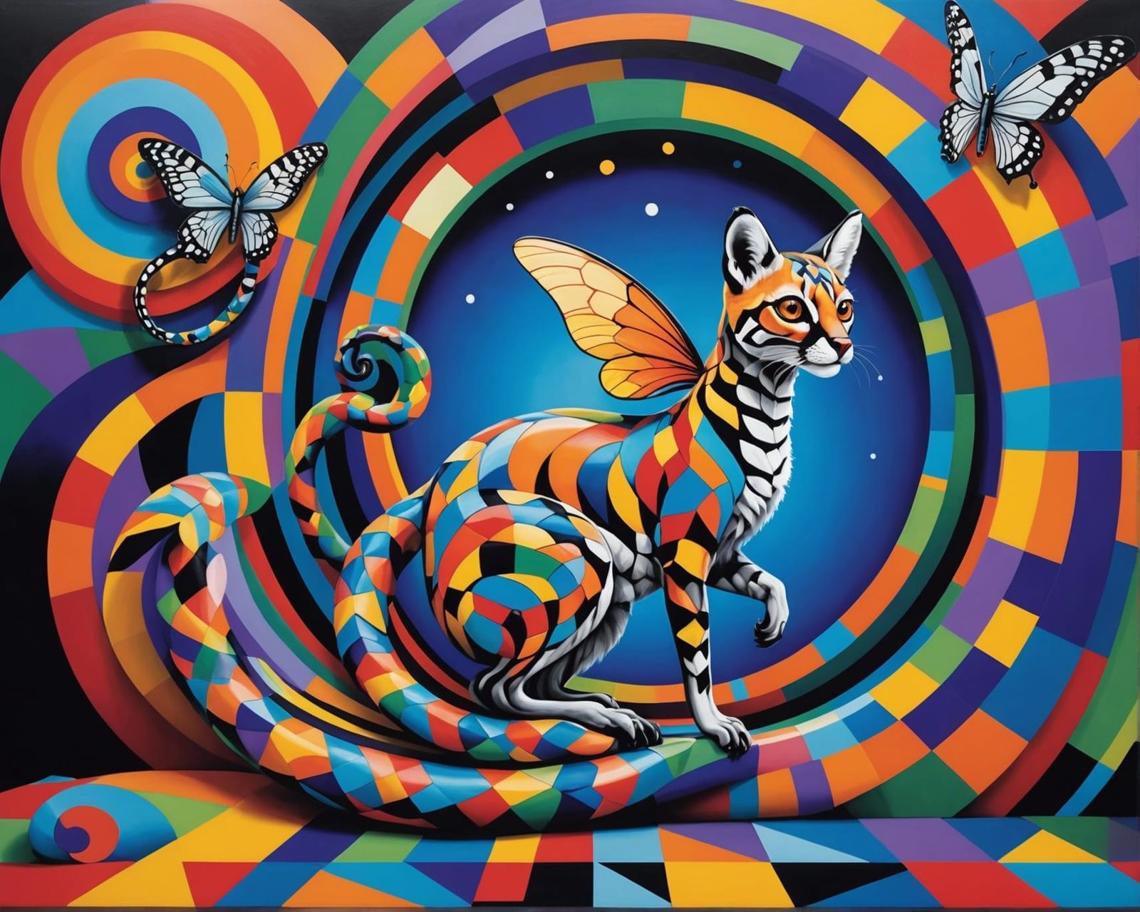 Fairy and Lemur in Surreal Op Art Landscape