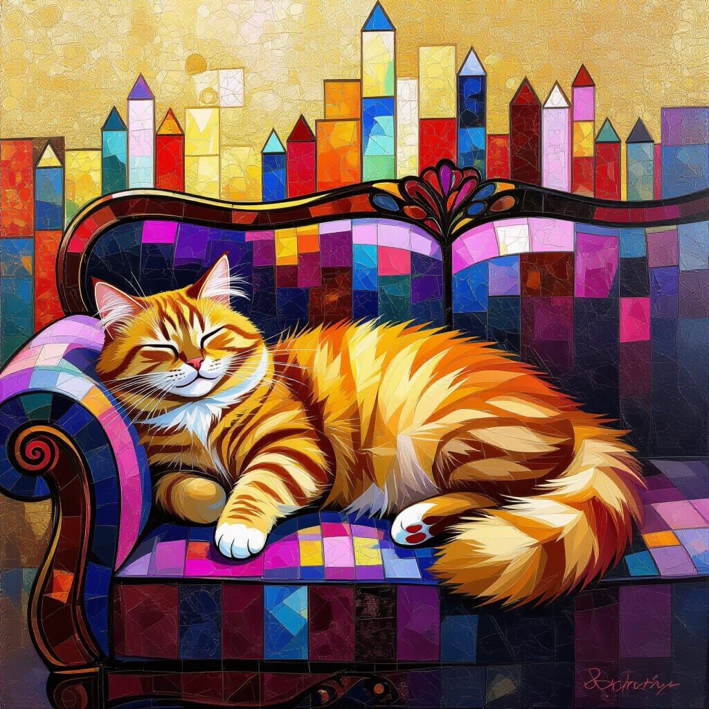 Ginger Cat Lounging: Oil Painting in Klimt Style