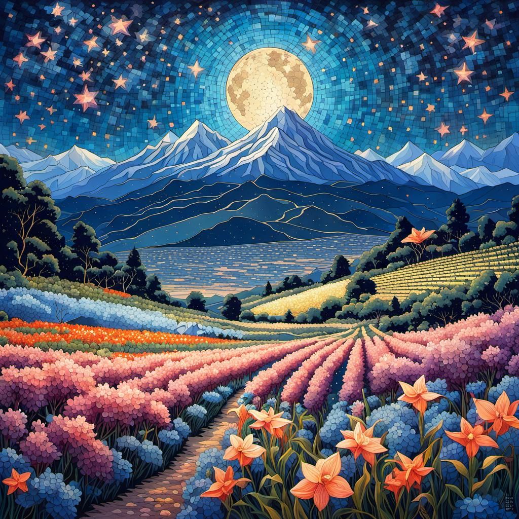 Ukiyo-e Spring Garden with Shooting Stars