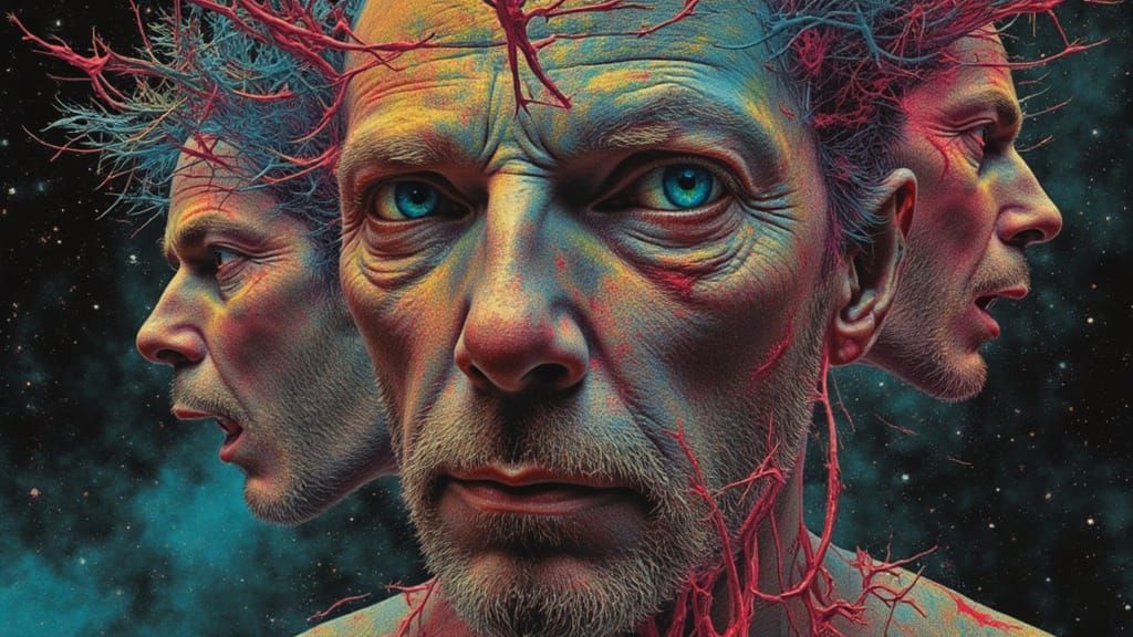 Surreal Mindscape of a Grinning Man with Fractal Faces