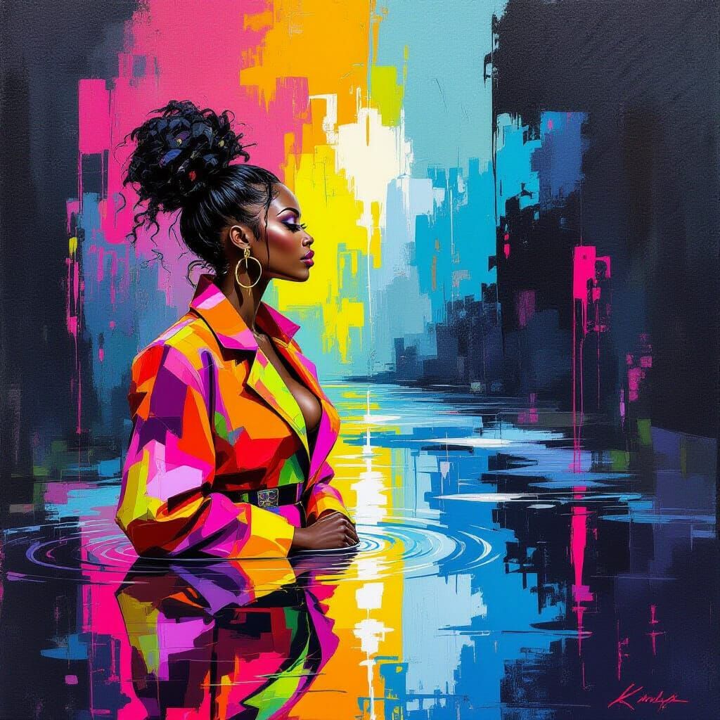 Woman Reflecting in Stormy Abstract Neon Landscape