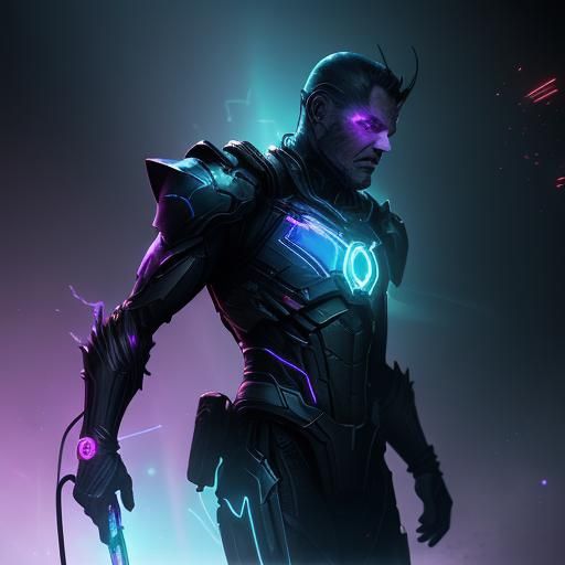 Glowing Walker with Shattered Glass Body in Neon-Infused Dar...