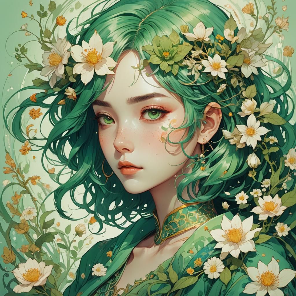 Green-Haired Anime Woman in Flower Frame