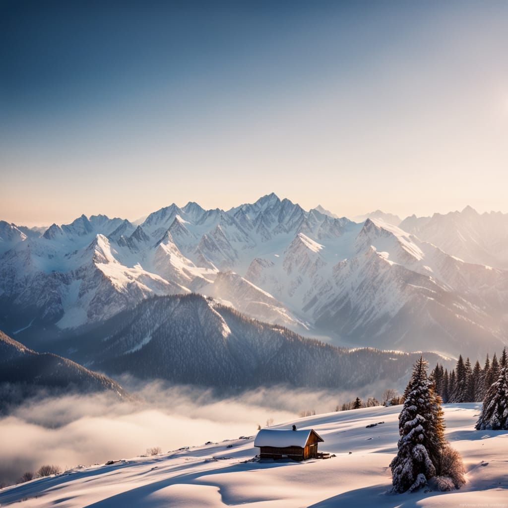 Snowy Mountain Aerial View in Golden Light