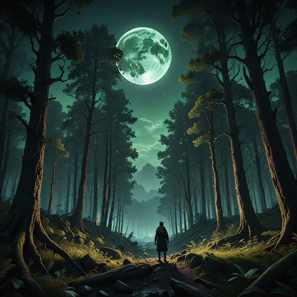 Mysterious Figure in Moonlit Forest: Cinematic Volumetric Ar...