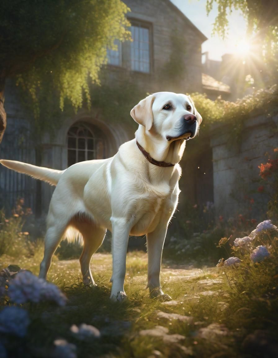 A white labrador in the garden