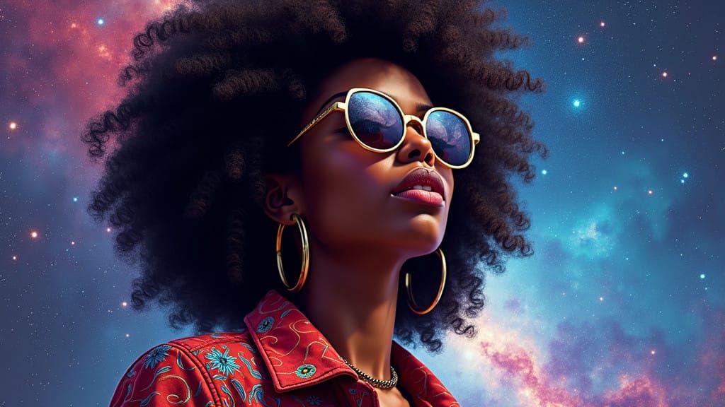 Stylish Afro Futurist Goddess with Cosmic Patterns