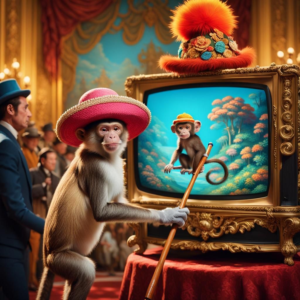 Regency-Inspired TV Host with Playful Monkey in Cinematic St...