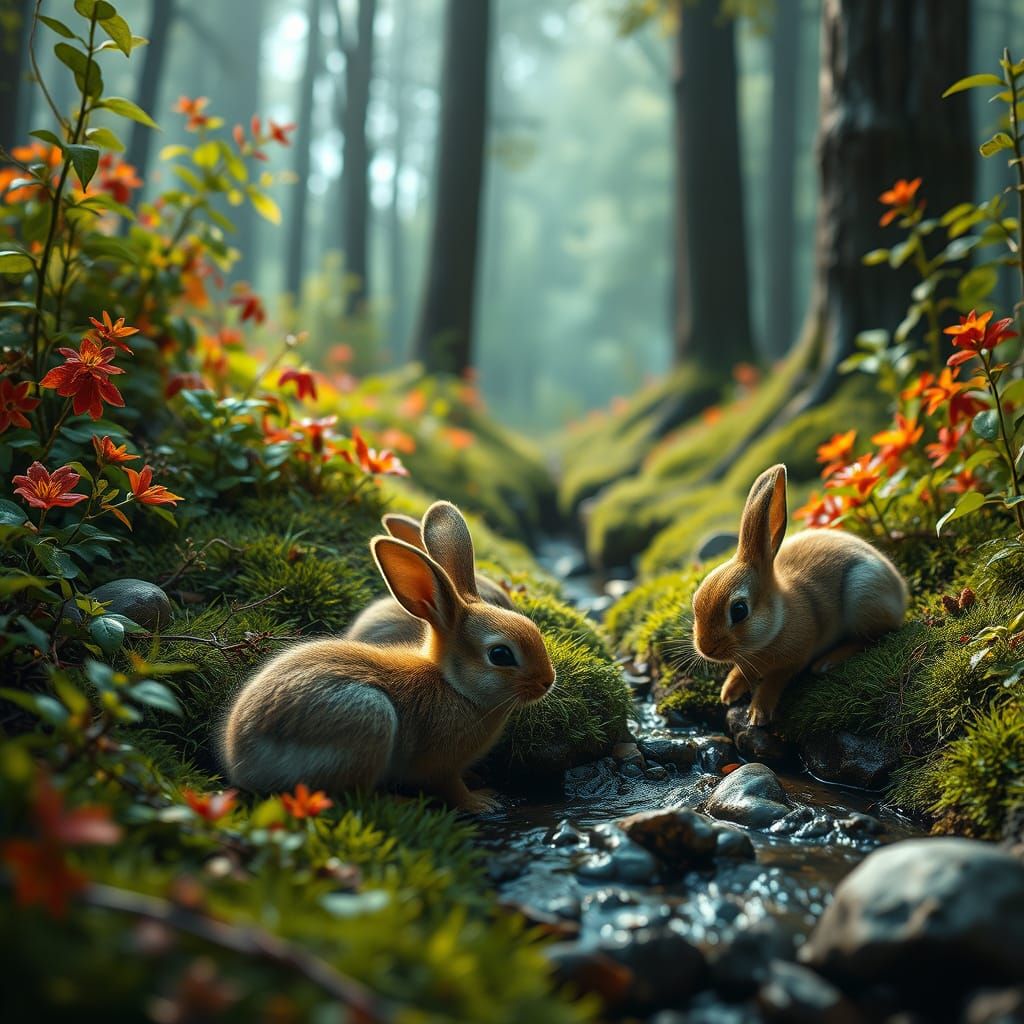Hyperrealistic Baby Rabbits Playing in Lush Forest