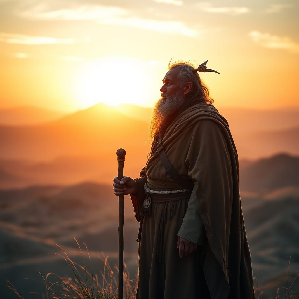 Wise Shaman Gazing at Sunrise in Cinematic Style