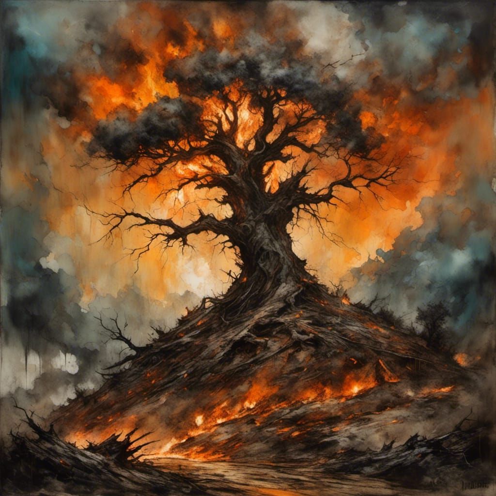 Dramatic Tree Struck by Lightning: Landscape Painting
