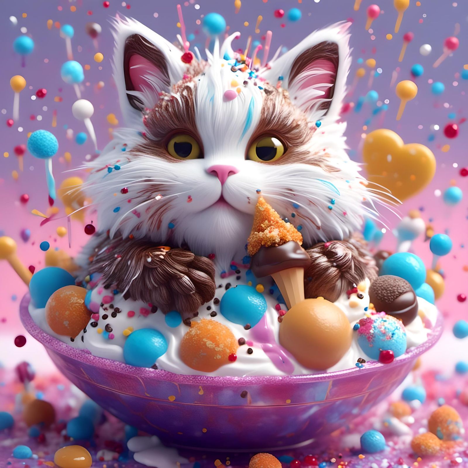 Cat in Ice Cream Bowl, Detailed Matte Painting