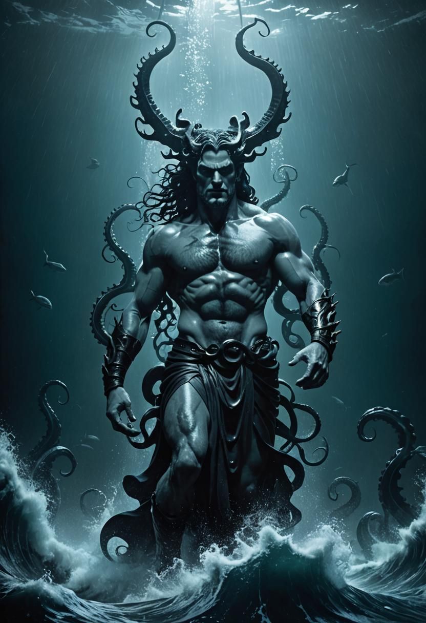 Intimidating Film Noir Poseidon of the Dark Ocean