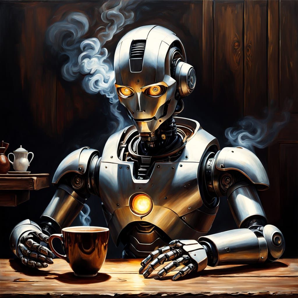 Renaissance Robot Contemplates Coffee in Chiaroscuro