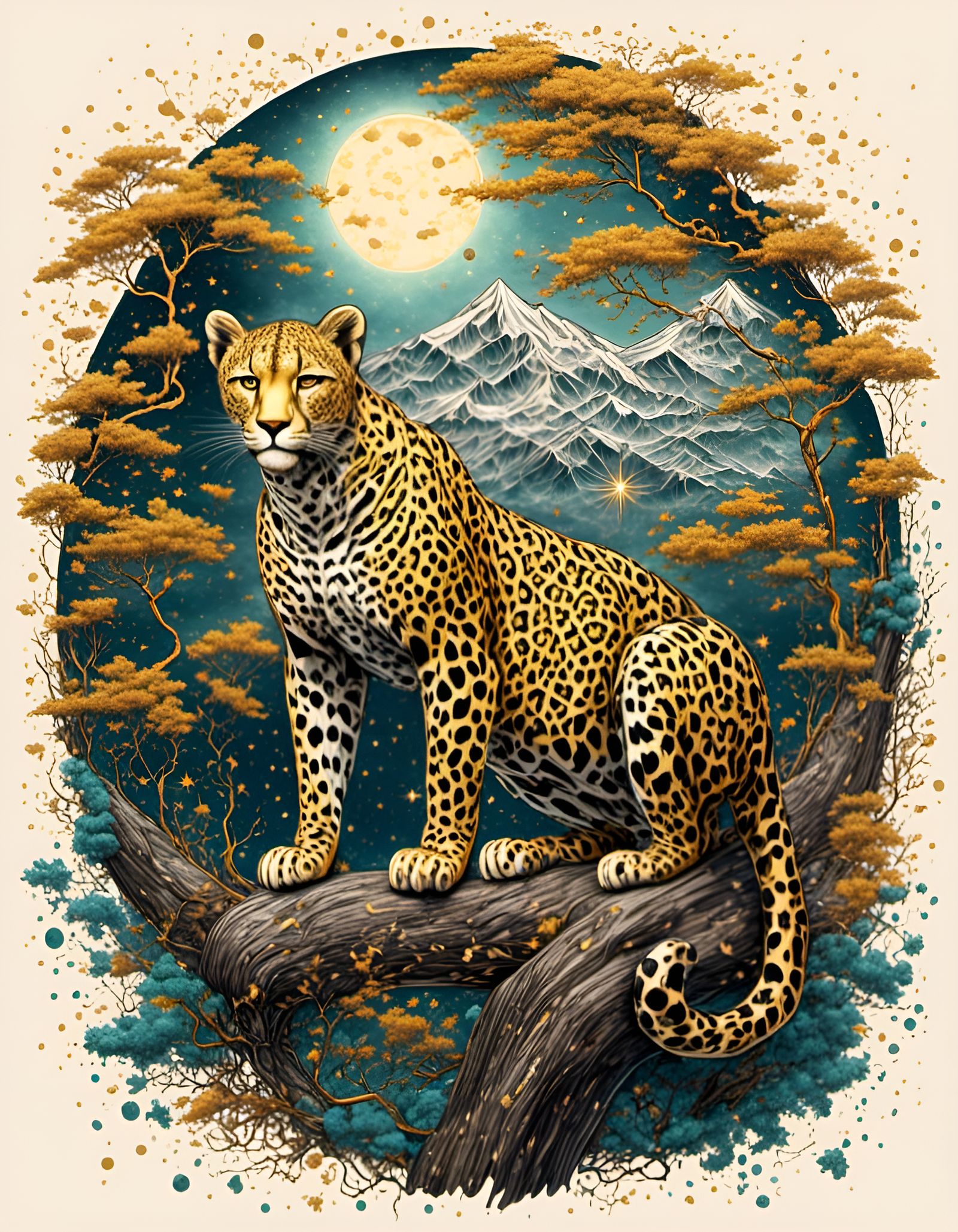 Leopards in Ukiyo-e Style with Gold Accents